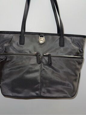 Michael Kors Black and Gray Nylon Tote with Front Zip Pockets and Logo Medallion